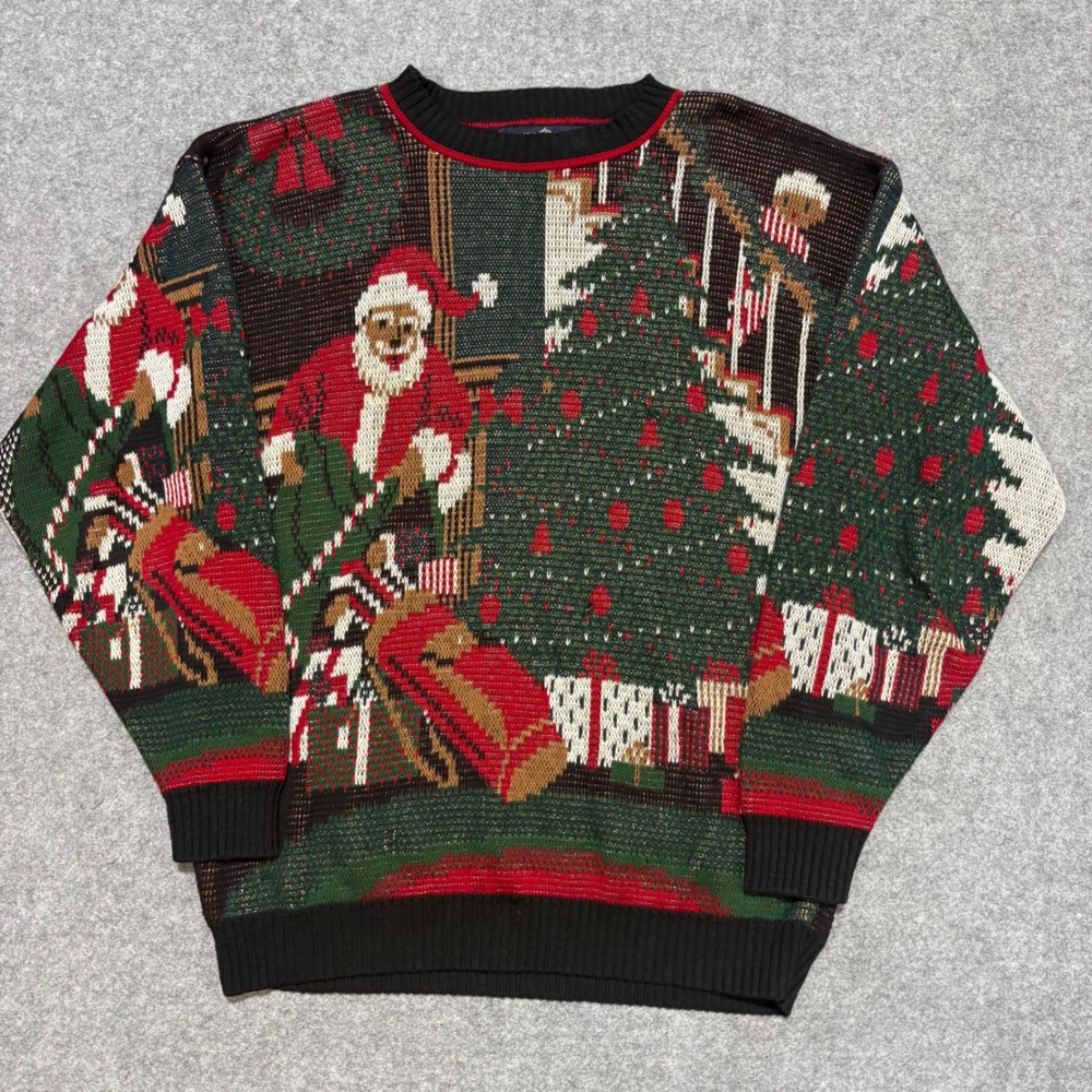 Cape Isle Knitters Vintage Christmas Sweater Mens Medium Santa Tree Made in USA
